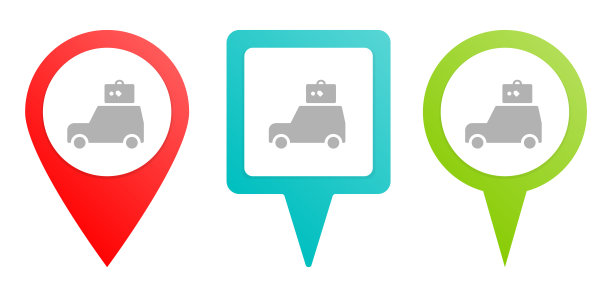 汽车，汽车，保险，旅游。多色引脚矢量图标，不同类型的地图和导航点。图片下载