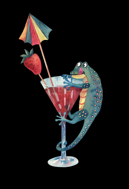水彩壁虎和鸡尾酒杯图片下载