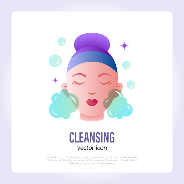 面对清洗。护肤程序步骤。肥皂泡女孩的脸。整容手术。细线图标。矢量插图。图片下载