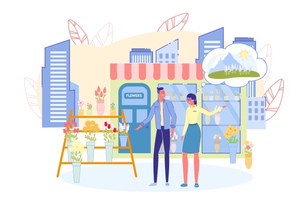 花街亭正面和摊位与鲜花。图片下载