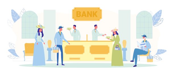 银行内部与游客在古董衣服。图片下载
