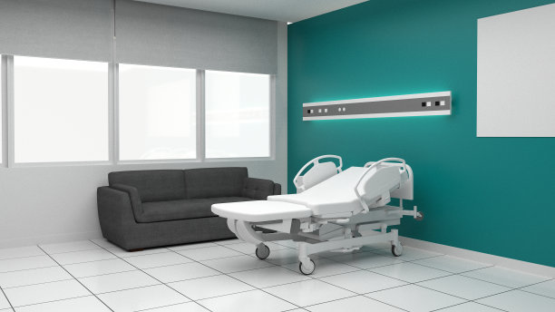 有床的病房。诊所或医院护理用的空床和轮椅。3d房间和舒适的沙发渲染。豪华的病床插图。现代化医院，保健理念。图片下载
