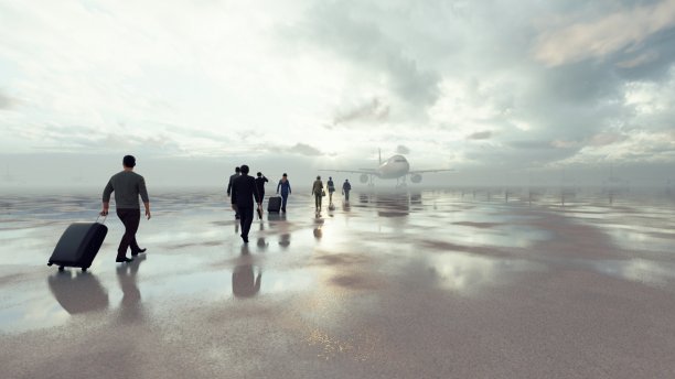 机场的商务人员带着他们的行李登上商务飞机。三维渲染图片下载