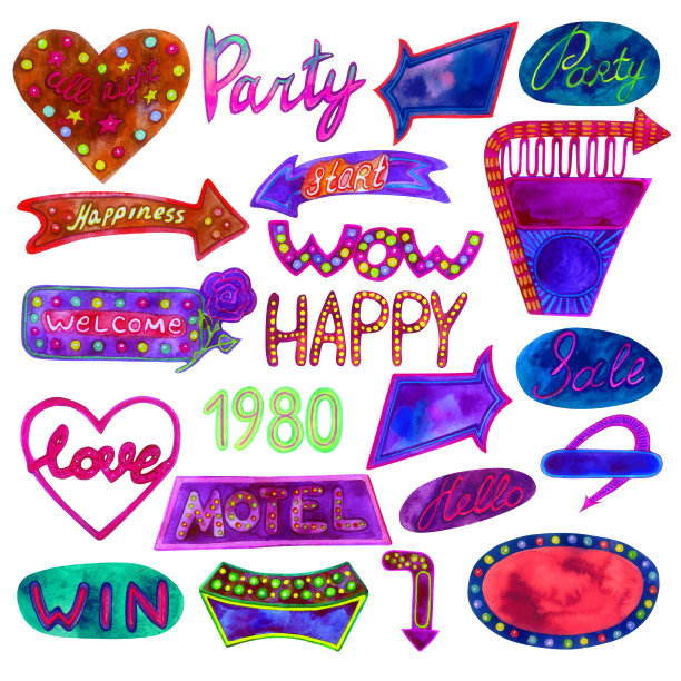 复古标志大水彩画集。收集孤立在白色图片下载