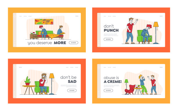 夫妻争吵，家庭暴力和配偶虐待登陆页模板集。年轻人在家骂人，好斗的男人对女人大喊大叫。丑闻,家庭关系。线性人物矢量图图片下载