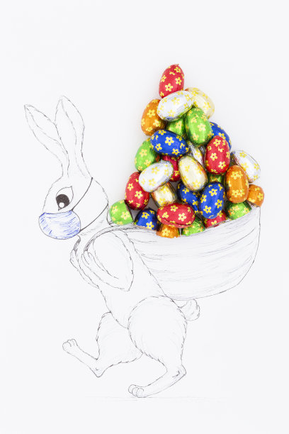 带着防毒面具的复活节兔子，背包里装满了五颜六色的巧克力蛋图片下载