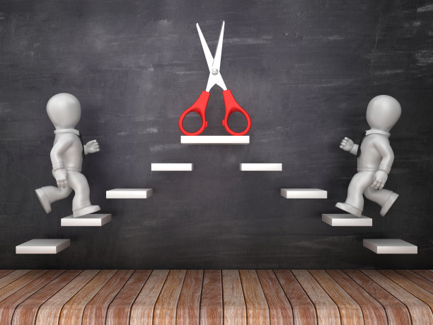 商业人物在步骤与剪刀在黑板上- 3D渲染图片下载
