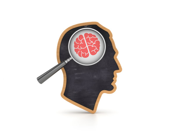 人的头与放大镜和大脑- 3D渲染图片下载