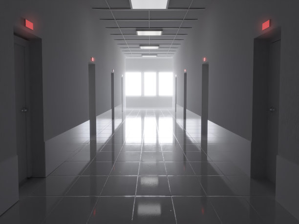 黑暗走廊的3d渲染与占用的房间和明亮的光在最后图片下载