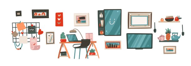 手绘矢量抽象股票卡通现代图形插图艺术集合集与家庭自由职业者工作空间元素隔离在白色背景图片下载