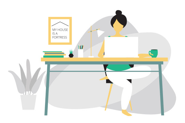 远程工作的概念。女孩在家里用电脑工作。现代平面设计理念的远程办公。明亮的矢量插图孤立在白色背景上。图片下载