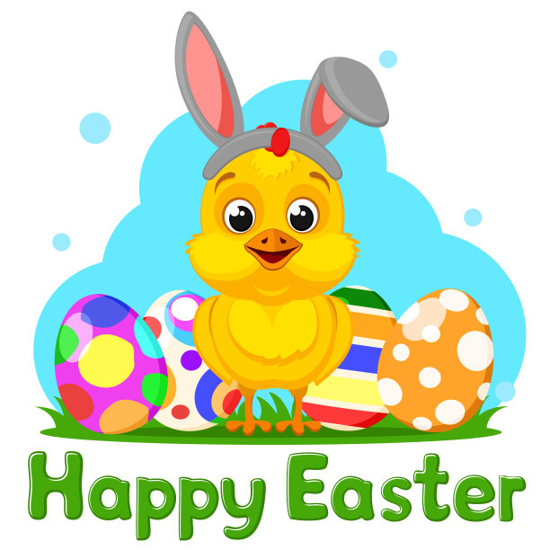 鸡的头上有兔耳朵和复活节彩蛋的白色。复活节快乐图片下载