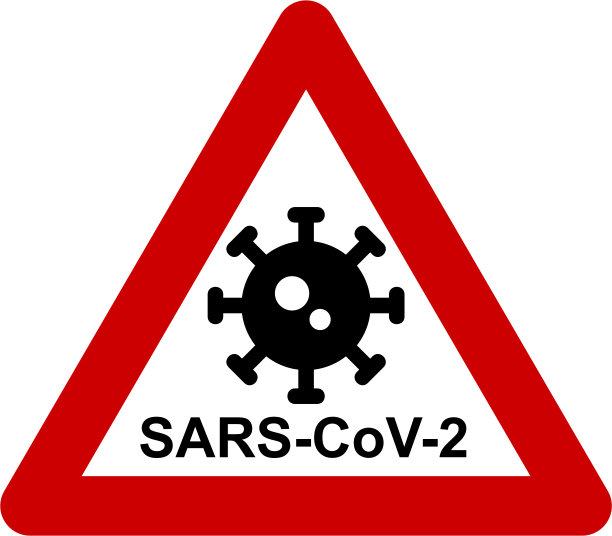 带有病毒符号和SARS-CoV-2文字的警告标志图片下载