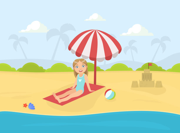 女孩日光浴在海滩下的太阳遮阳伞在夏季矢量插图图片下载