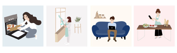 人们在家里工作，打扫卫生，做饭。女人和男人在家里被隔离图片下载