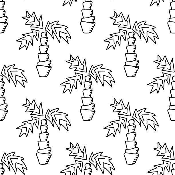 棕榈树的轮廓，矢量无缝模式。适用于织物、墙纸、纸张等表面。儿童设计的伟大背景。黑色和白色素材图片