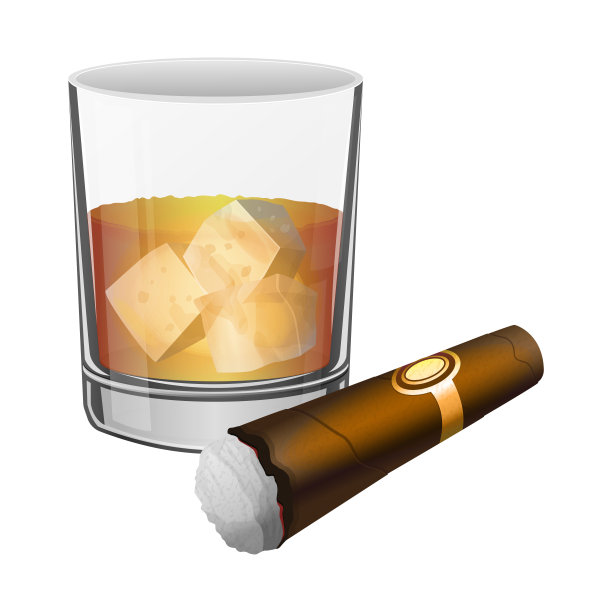 一杯威士忌和一支雪茄。矢量图图片下载