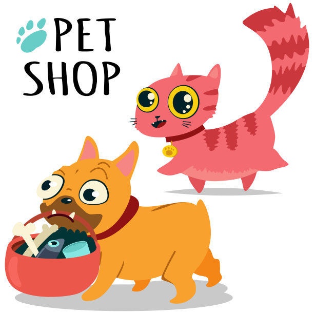 一只叼着一篮子产品的狗和一只可爱的猫。宠物商店矢量卡通插图孤立在白色的背景。图片下载