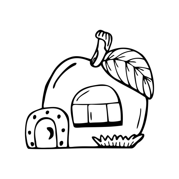 手绘的房子是一个孤立在白色背景上的苹果的形状。孩子们的风格。涂鸦，简单的大纲插图。可用于纺织品、纸张的装饰。图片下载