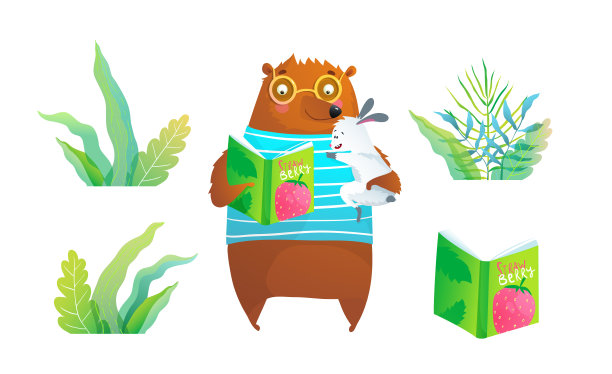 童话森林野生动物熊兔阅读书籍，绿灌木和森林分开书籍，剪贴艺术收藏。图片下载