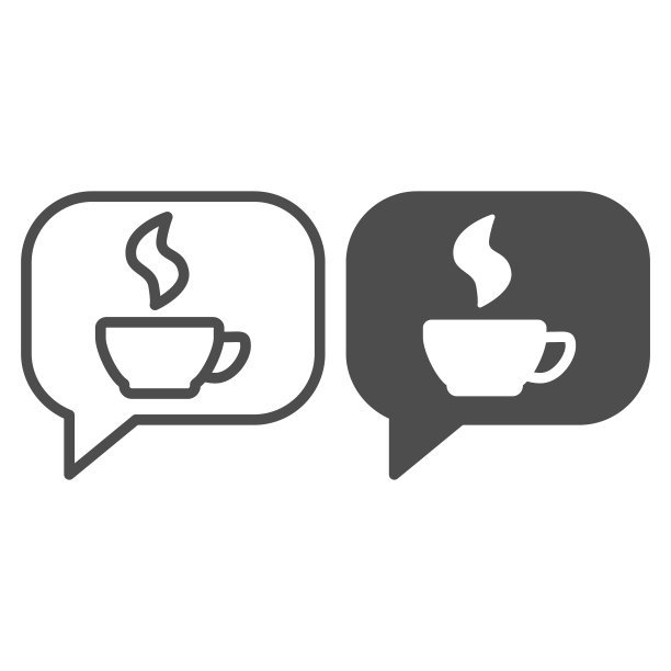 咖啡或茶聊天线和固体图标。对话泡泡和热饮料杯符号，轮廓风格的象形文字在白色的背景上。咖啡或咖啡标志的移动概念和网页设计。矢量图形。图片下载