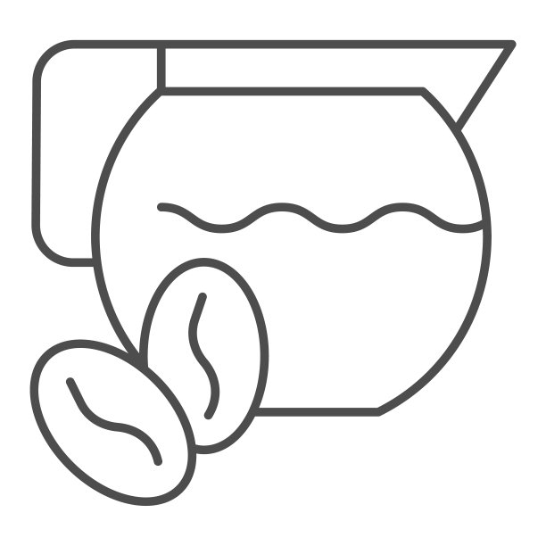 茶壶和咖啡颗粒细线图标。水水壶有两颗豆子的符号，轮廓风格的象形文字上的白色背景。咖啡或咖啡标志的移动概念和网页设计。矢量图形。图片下载