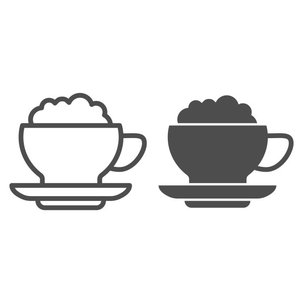 咖啡与奶油线和固体图标。冰沙和牛奶冰淇淋的热饮杯符号，白色背景上的轮廓风格象形图。早晨杯标志移动概念，网页设计。矢量图形。图片下载