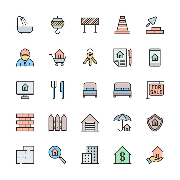 房地产颜色线图标的设置。浴室，交通锥，障碍物等图片下载