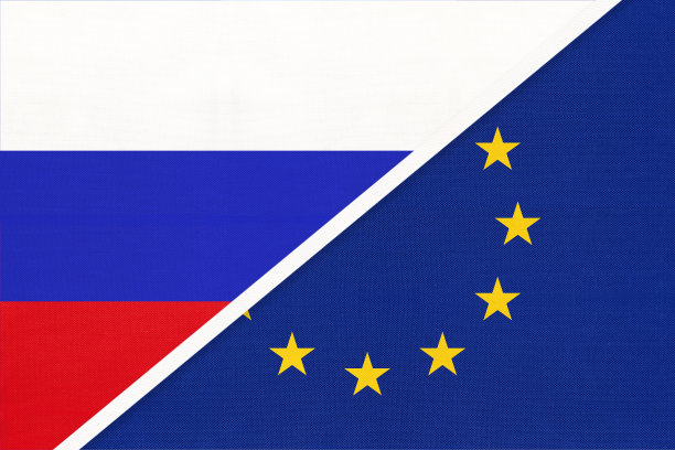 俄罗斯或俄罗斯联邦vs欧盟或欧盟国旗的纺织品。申根区图片下载