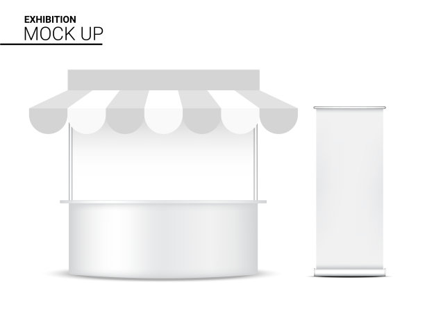 3D模拟逼真的摊位展示POP店铺销售营销推广展览与滚动横幅模板背景插图图片下载