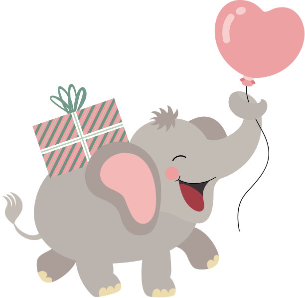 快乐的大象拿着生日礼物和一个心形气球图片下载