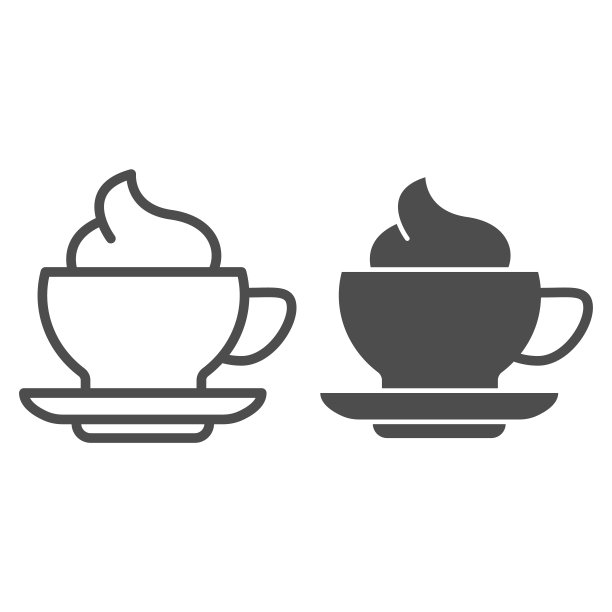 咖啡和奶油线和固体图标。热饮料杯冰沙与牛奶冰淇淋符号，轮廓风格象形图上的白色背景。早晨杯标志移动概念，网页设计。矢量图形。图片下载