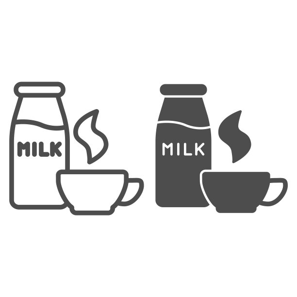 牛奶瓶和咖啡线和固体图标。热饮料杯和奶油符号，轮廓风格的象形文字在白色的背景。早上的杯子或咖啡馆标志的移动概念，网页设计。矢量图形。图片下载
