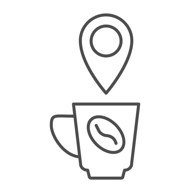 咖啡杯与位置细线图标。地图针与马克杯和豆子符号，轮廓风格象形图在白色的背景。咖啡因或咖啡馆标志的移动概念或网页设计。矢量图形。图片下载