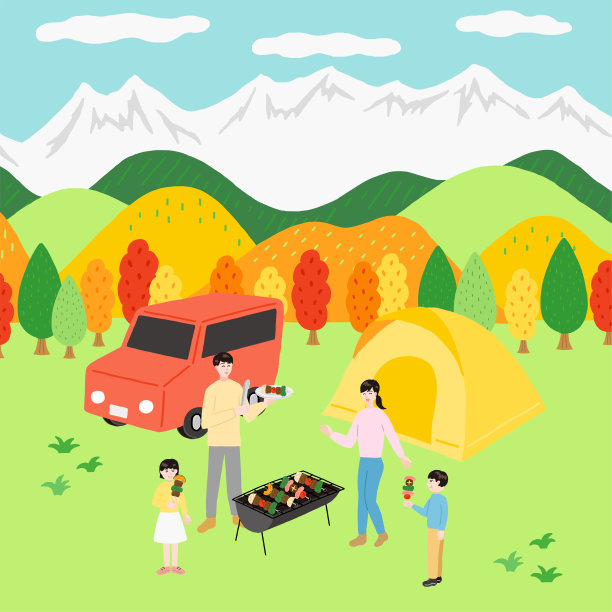 秋天在山上享受烧烤的一家人图片下载