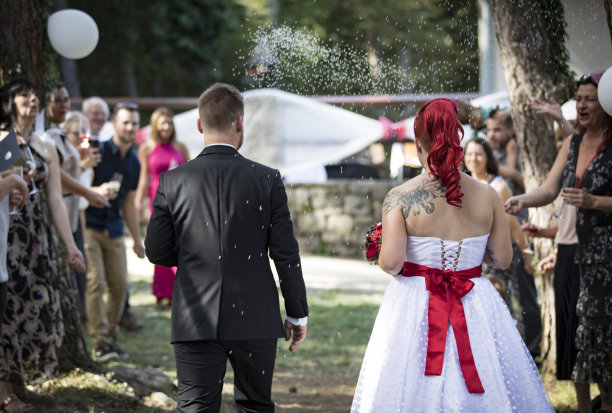 新婚夫妇在婚礼宾客间行走，传统习俗是向他们撒米 - 摄影素材图片下载