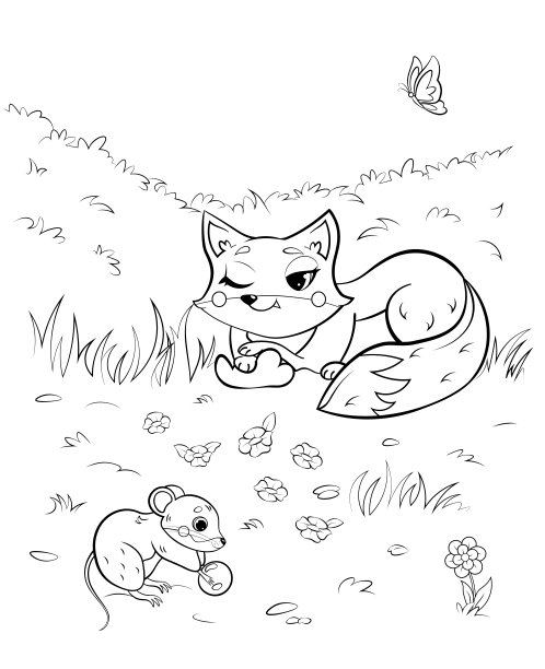 可爱的卡通狐狸和老鼠或田鼠的着色页面轮廓。矢量图像与森林背景。儿童森林野生动物着色书。图片下载