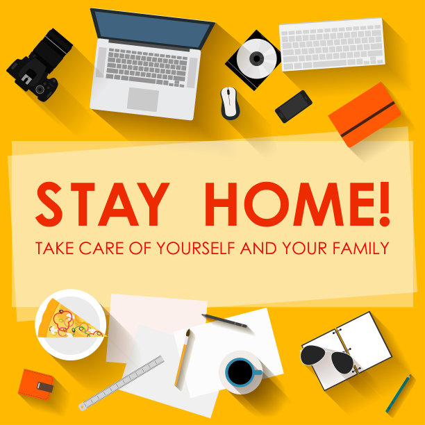 呆在家里。呼吁保护家庭和个人免受冠状病毒感染的概念背景。为设计社交媒体广告，网页横幅，网络采访等手绘模板。图片下载