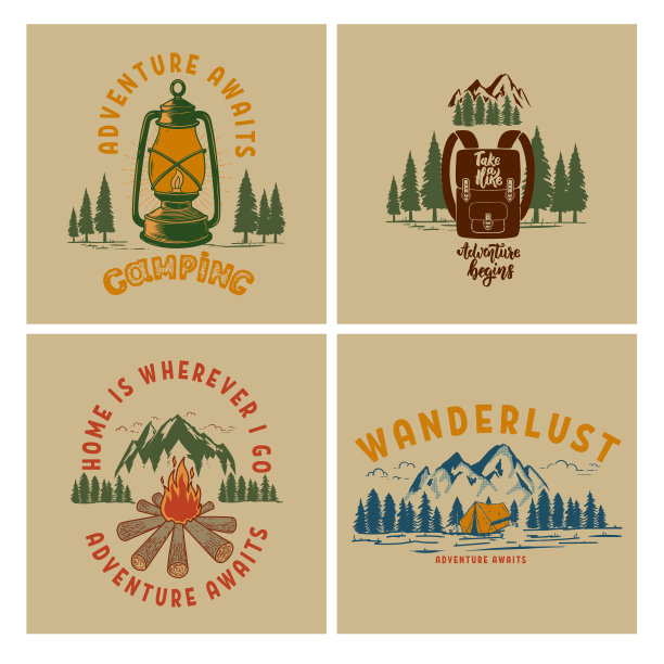 一套复古海报设计与山，森林剪影，篝火，旅游背包。用于海报、横幅、徽章、标志。矢量图图片下载