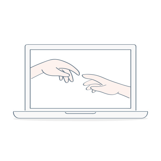 人的创造、创造、创世、灵性、秘密知识、触摸上帝的图标概念。上帝和亚当斯的手，触摸着电脑屏幕上的手指。平面轮廓矢量图素材图片