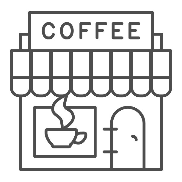 咖啡店细线图标。建筑立面及招牌热饮符号，白色背景上勾勒风格象形文字。咖啡或咖啡标志的移动概念，网页设计。矢量图形。图片下载