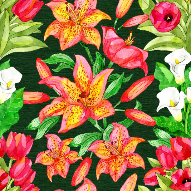 无缝图案与马蹄莲，百合，郁金香在绿色的背景。图片下载