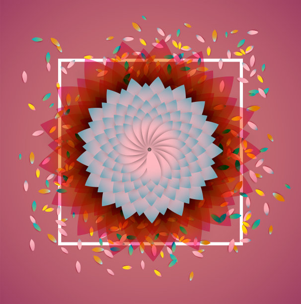 彩色的花与白色的边界和叶子，矢量插图素材图片