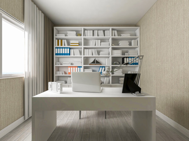 3d渲染，宽敞的现代住宅书房设计，配有书桌、书柜图片下载
