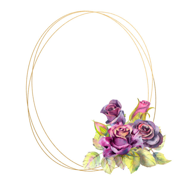 花朵暗色玫瑰，绿叶，构图成几何金色框架。婚礼鲜花的概念。花的海报,邀请。用于贺卡或请柬设计的水彩画图片下载