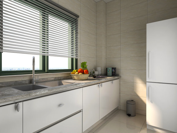 3D效果图，现代家庭厨房设计，新橱柜和带有冰箱的厨房用具，阳光透过窗户。图片下载