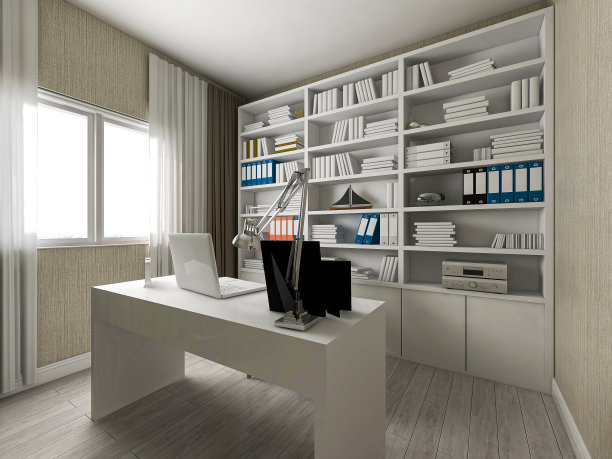 3d渲染，宽敞的现代住宅书房设计，配有书桌、书柜图片下载