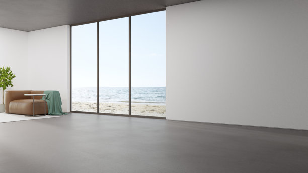 现代住宅或豪华酒店大客厅混凝土地板上的沙发。图片下载