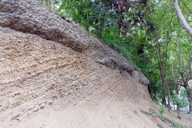 路边的小山上长着树。山顶是悬崖图片下载