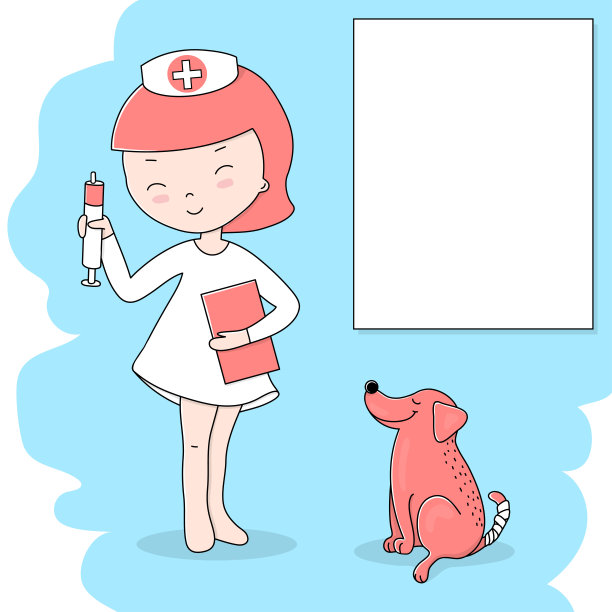 可爱的小女孩穿着医生服，拿着注射器，扮演医生，治疗她的狗。图片下载